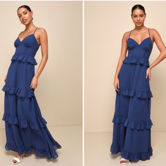 LULU's Prom Wedding Boho Romantic Ruffle Corset Tie Back Maxi Dress  NWOT - Picture 3 of 4
